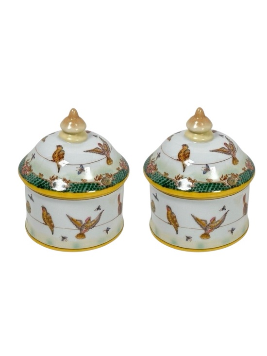 Antique Other - VTG Ceramic Hand Painted Lidded Jar Set Dish Asiatides Mark Chinese Birds 2PCs